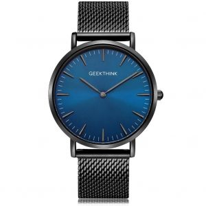 Hommes En Acier Inoxydable Maille Bracelet Quartz Cadran Rond Montre &Agrave; Affichage Analogique (Bracelet Noir Cadran Bleu) - Neuf