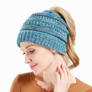 Bonnet Exclusif Pour Femme Avec Queue De Cheval Beanietail - Bleu/Beige - Neuf