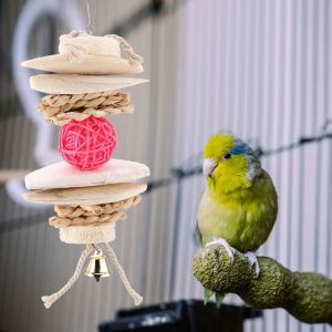 Hjlian Jouet Pour Perroquet Avec Clochette En Bois Naturel, Herbe A Macher, Cage Suspendue, Balancoire, Grimper, Macher - Neuf