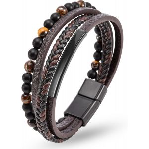 Eryi-Bracelet Cuir Homme Et Acier Inoxydable, Noir Marron Bleu Bracelet Perles Pour Hommes, 19cm/21cm/23cm Bracelets Cuir Bijoux Cadeau Homme Papa Papy - Neuf