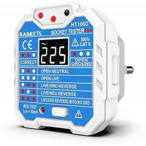 Testeur de Prise, Testeur de Circuit Electrique, D&eacute;tectez 7 Conditions de c&acirc;blage/Affichage de la Tension/Test RCD/48-250V/CAT II 300V - Neuf