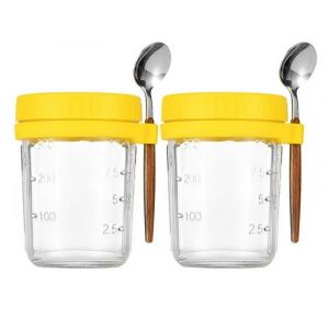 Lot De 2 Contenants En Verre De 350 Ml Pour Flocons D'avoine Avec Couvercles Et Cuill&egrave;res - Jaune - Neuf