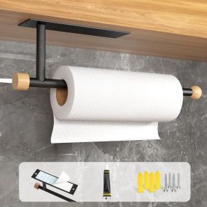 Eryi-Porte Essuie Tout, [Accents Esthétiques En Bois] Auto-Adhésif/Perçage, Range Papier Toilette, Support Essuie Tout Mural, Porte-Serviettes En Papier (Noir Mat) - Neuf
