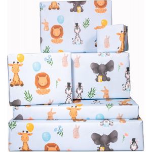 Papier Cadeau Animaux Mignons pour Enfants-Papier Cadeau B&eacute;b&eacute; Animaux pour Gar&ccedil;ons-6 Feuilles de Papier Cadeau Amusant pour Anniversaire-Bleu B&eacute;b&eacute;-&Eacute;l&eacute;phant Z&egrave;bre Lion Lapin - Neuf
