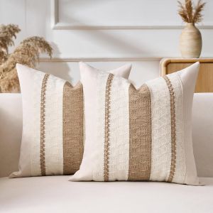 Cauc-Housse Coussin 50x50 Marron Housse Coussin Canape Coussins D&eacute;coratif Boh&egrave;me Textur&eacute;e &Agrave; Rayures Tiss&eacute;es D&eacute;coratives Moderne Decoratif Pour Maison Couch Sofa Salon Chambre D&eacute;coration Lot De 2 - Neuf