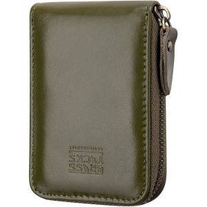 TRAHOO-Porte-cartes de cr&eacute;dit &agrave; fermeture &eacute;clair pour homme et femme en cuir v&eacute;ritable avec blocage RFID Mini, vert olive, Vintage - Neuf