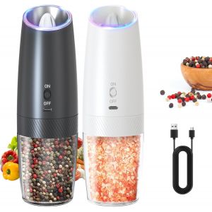 Rechargeable Ensemble de Moulin &agrave; Poivre &Eacute;lectrique &agrave; Gravit&eacute; avec Lumi&egrave;re LED Blanche, Grosseur R&eacute;glable, R&eacute;cipient Lavable de 135 ml et Op&eacute;ration &agrave; une Main, Noir Blanc - Neuf