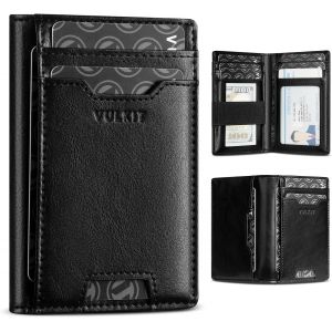 RFID Blocking Credit Card Holder, Slim Leather Wallet with Front Pocket for Men, Card Holder with Band for Money, Palm Size Wallet, Black, Minimalist - Neuf