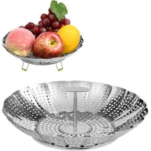 Jexnovashop-Paniers Cuit Vapeur Inoxydable, 9'' Pliable Vegetable Steamer Pliable Panier Vapeur Pour L&eacute;gumes Avec Manche T&eacute;lescopique, Pour Cuire L&eacute;gumes Et Aliments Ou Panier De Fruits - Neuf