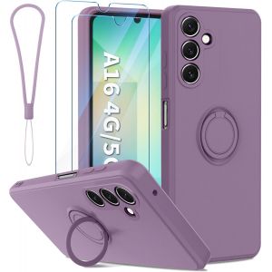 Coque Protection Cam&eacute;ra Compatible Avec Samsung Galaxy A16 5g/4g Avec Support De Bague Et 2 Pi&egrave;ces Verre Tremp&eacute;, Housse De Haute Qualit&eacute; Silicone Mince Violet - Neuf