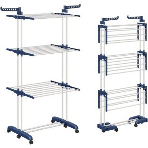 meimie-Étendoir À Linge Tour Pliable Avec 6 Ailes Pliables Sur 3 Niveaux,Longueur 66-130 Cm,Pieds Pliants Pour Économ R De L'Espace À L'Intérieur Et À L'Extérieur De LaMaison (Bleu Et Blanc) - Neuf