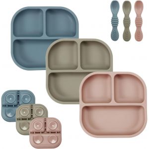 Kalanka-Assiettes &Agrave; Suction Pour B&eacute;b&eacute;, Ensemble De 3 Assiettes En Silicone & Cuill&egrave;res Pour B&eacute;b&eacute;s Tout-Petits Nourrissons Enfants, Assiette Divis&eacute;e &Agrave; Suction Pour Tout-Petit (Bleu/Rouge/Marron) - Neuf