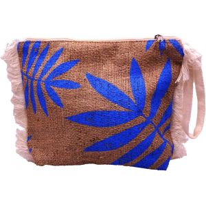 Sjzg-Sac &Agrave; Main Toile De Jute Pochette Trousse Maquillage Toilette Ethnique Vintage Artisanal Doubl&eacute; Boh&egrave;me Femme &Eacute;cologique Naturel Feuille Bleu - Neuf
