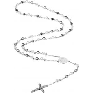 Kal-Collier Chapelet Croix Du Christ : Collier Pendentif Vierge Marie &iquest; Crucifix J&eacute;sus En Acier Inoxydable Cadeau Avec M&eacute;daille De Saint Beno&icirc;t Pour Femme - Neuf
