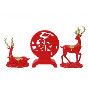 Lot de 3 figurines de cerf porte-bonheur peintes a la main en resine sculptee exquise pour bibliotheque, meuble TV, couloir, rouge - Neuf