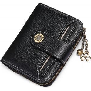 Portefeuille compact &agrave; deux volets en cuir v&eacute;ritable noir Lychee pour femme avec protection RFID - Neuf
