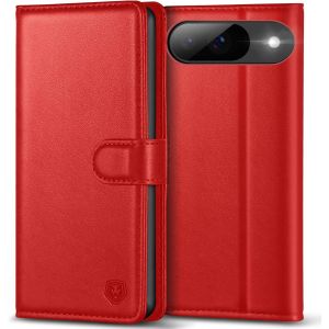 LORANKA-&Eacute;tui pour Google Pixel 9, &eacute;tui pour Google Pixel 9 Pro avec 4 emplacements pour cartes, fermeture magn&eacute;tique et b&eacute;quille, coque de protection antichoc pour Pixel 9 / Pixel 9 Pro &iquest; Rouge - Neuf