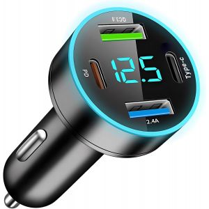 Fast Car Cigarette Lighter Charger 4 Ports 66 W &iquest; 2 Usb-C (Pd & Type-C) + 2 Usb (Qc 3.0 & 2.4 A) &iquest; Led Display Voltmeter For Iphone, Samsung, Android, Tablet - Neuf