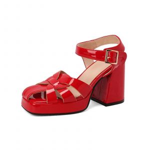 Bout Carr&eacute; Tress&eacute; Open Toe Super Sandales De Haut Talon De 9,5 Cm De Talon Chunky 43 De L'ue, Le Rouge Pour La Passerelle Et Le Style - Neuf