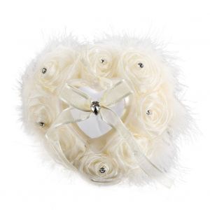 Hjlian Coussin D'alliances En Forme De Cour Avec Boutons De Roses Et Plumes Pour Mariage (Creme) - Neuf