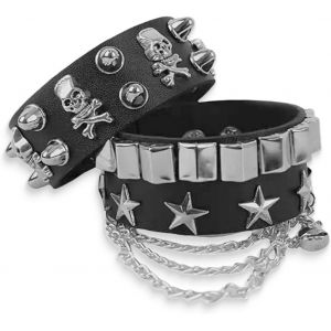 Kal-2 Pièces Punk Bracelet À Goujons En Cuir Punk Rock Bracelet Noir Avec Clous Bracelet Manchette À Goujons D'halloween Réglable Bracelet En Cuir Gothique Des Années 80 Pour Hommes Femmes - Neuf