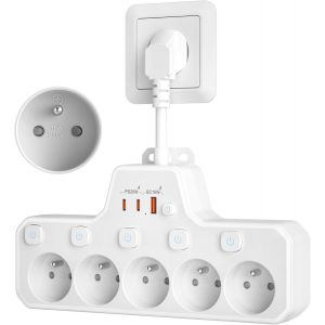 Multiprise Avec Interrupteur Individuel,Multiprise Electrique 5 Prises Fran&ccedil;aise Avec Terre 16A 2P+T,Prise Multiple Murale Avec Us - Neuf