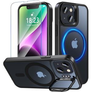 JGD-Coque de protection magn&eacute;tique pour iPhone 13/iPhone 14, avec support, compatible avec MagSafe, avec film de protection, protection militaire contre les chutes, les chocs, noir mat translucide - Neuf