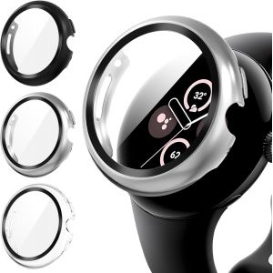 CAUC-3 Pi&egrave;ces Coque pour Google Pixel Watch 3/2/1 41mm Protection &Eacute;cran,Dur PC Mat&eacute;riel Case Ultra Mince Verre Tremp&eacute; &Eacute;cran,Noir&Argent&Transparent - Neuf