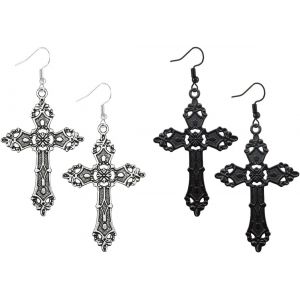 Meimie-2 Paires De Boucles D'oreilles Gothiques Croix Vintage Pendentif Boucles D'oreilles Rock Punk Croix Crochet Boucles D'oreilles Pour Femmes-Argent Noir - Neuf