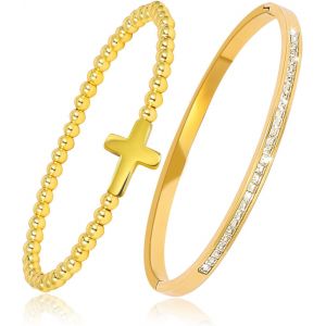 Eryi-Bracelet Acier Inoxydable Femme Argent/Or/Or Rose Fin Avec Strass 4mm En Perles D'or Jeu De Bracelets - Neuf