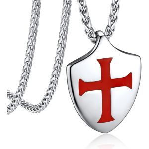 Kal-Collier Homme Templier En Acier Inoxydable/Plaqué Noir, Pendentif Médaillon/Bouclier Avec Croix Templière, Bijou De Protection - Neuf