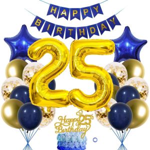 ChicSlick-Décoration D'Anniversaire 25 Ans Pour Garçon Et Fille, Ballon Bleu Doré, Décoration De Gâteau 25 Ans, 25 Ballons Dorés, 25 Ans, Décoration D'Anniversaire Pour Fille Et Garçon[X884] - Neuf