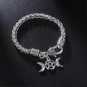 Triple Lune D&eacute;esse Bracelets Pour Hommes Femmes Vintage Coeur Serrure Bl&eacute; Cha&icirc;ne Bracelet Magique Pentagramme Amulette Sorci&egrave;re Wicca Bijoux - Neuf