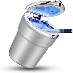 Cendrier de voiture en acier inoxydable avec couvercle et lumière LED bleue pour porte-gobelet de voiture, pour la maison et le bureau - Neuf
