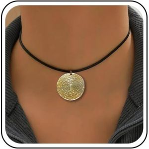 Kales-Collier Ras Du Cou En Cuir Boho Collier Pendentif Disque Martelé Collier Cordon En Cuir Noir Collier Ras Du Cou Gothique Collier En Daim Cuir Court Collier Noir Pour Femmes - Neuf