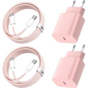 JGD-Chargeur pour iPhone 15/16, Lot de 2 20W Chargeur Rapide pour iPhone avec 2m C&acirc;ble USB C pour Phone 16/16 Plus/16 Pro Max/15/15 Plus, PD3.0 USB C Prise Adaptateur Secteur Embout - Rose+Rose - Neuf