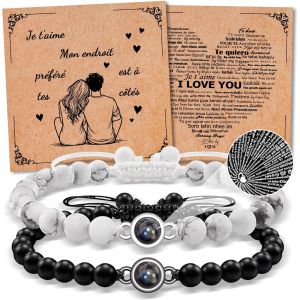 Kal-2pcs Bracelet Couple, Cadeau Couple Je T'aime 100 Langues Bracelet Connect&eacute; Couple, Cadeau Saint Valentin - Neuf