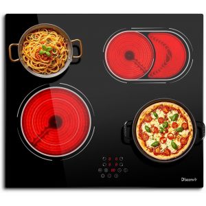 CHECARZHN--NO1-Plaque Vitrocéramique 4 Feux Encastrable 6600W, Plaque De Cuisson Electrique Avec Double Zone De Barbecue Ovale, 9 Niveaux De Puissance, Fonction Pause, Minuterie, Verrouillage De Sécu - Neuf
