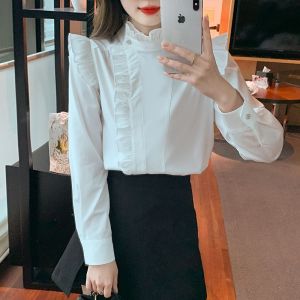 Chemise Blanche À Manches Longues Et Col Montant Pour Femme, Design De Niche, À La Mode Et Élégante, Hauts À Volants - Neuf