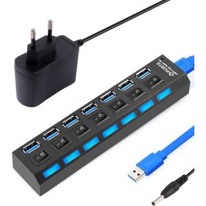 Hub USB 7 Ports : r&eacute;partiteur USB Portable 3.0 + 2.0 Commutateur d'alimentation LED Unique pour Ordinateur Portable, PC et Autres appareils USB (7-in-1(2.0+3.0)) - Neuf