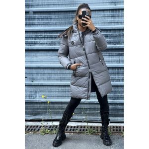 Longue Doudoune Grise Chaude Veste D'Hiver Rembourr&eacute;e Matelass&eacute; Avec Sac Et Capuche - Neuf