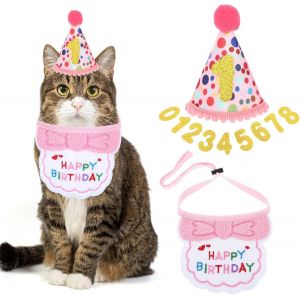 Subzonal-Fournitures De F&ecirc;te D'anniversaire Pour Chat, Bandana D'anniversaire Pour Chaton, Chapeau D'anniversaire Pour Chat Avec Chiffres, Bavoir D'anniversaire Pour Chat, D&eacute;corations D'anniversaire - Neuf