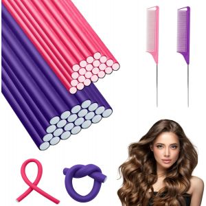 Lot De 40 Tiges Flexibles De 80 Mm + 120 Mm Pour Cheveux Épais + 2 Peignes À Queue En Acier Pour Cheveux Courts Et Longs (Rose Et Violet) - Neuf
