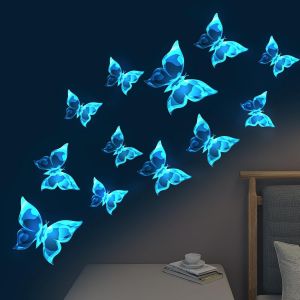 Autocollant Papillon 12Pièces,Stickers Muraux Papillons Lumineux Autocollants Décoratifs Stickers Papillon Pour Mur De Salon De Chambre À Coucher-Bleu - Neuf