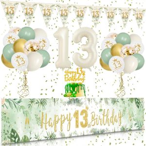 TRAHOO-Décoration Anniversaire 13 Ans Vert Or pour Fille Garçon - Banderole Joyeux Anniversaire, Triangle Bannière Blanc Or, Confettis, Ballons - Fête - Neuf