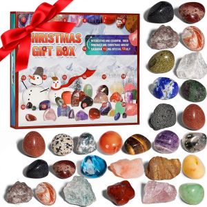Calendrier de l'Avent 2025 avec décorations de Noël pour enfants, coffret cadeau avec roches de cristal et minéraux, compte à rebours de Noël de 24 jours avec roches - Neuf