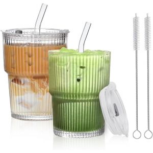 2 Pièces Verre À Eau Avec Couvercle Et Paille, 450 Ml Gobelets À Smoothie En Verre, Verr-E Strié Avec Design Étanche, Tasses À Café Glacé Avec Paille, Pour Cola, Jus De Fruits, Lait - Neuf