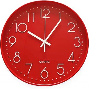 ERYI-30Cm Grand Horloge Murale Ronde Silencieuse Moderne Horloge Murale À Quartz Sans Tic-Tac Pour Chambre À Coucher Salon Bureau Salle De Classe, Horloge Cuisine Simple Numérique À Piles, Rouge - Neuf
