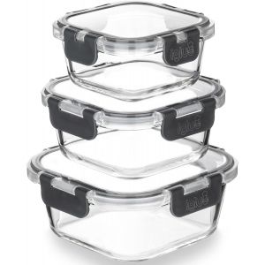 Checarzhn--No1-Lot De 3 Boîtes Carrées Empilables En Verre - Sans Bpa - Couvercle Hermétique À Charnière Anti-Fuite - Passe Au Micro-Ondes, Au Four Et Au Lave-Vaisselle (800 Ml, 520 Ml, 320 Ml) - Neuf