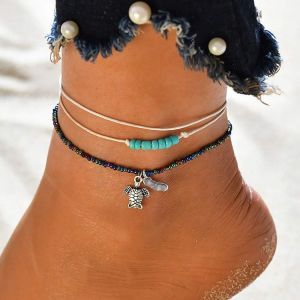 Boho Bracelet De Cheville Superposé Turquoise Cheville Bijoux De Pied De Tortue Pour Femmes Et Filles - Neuf